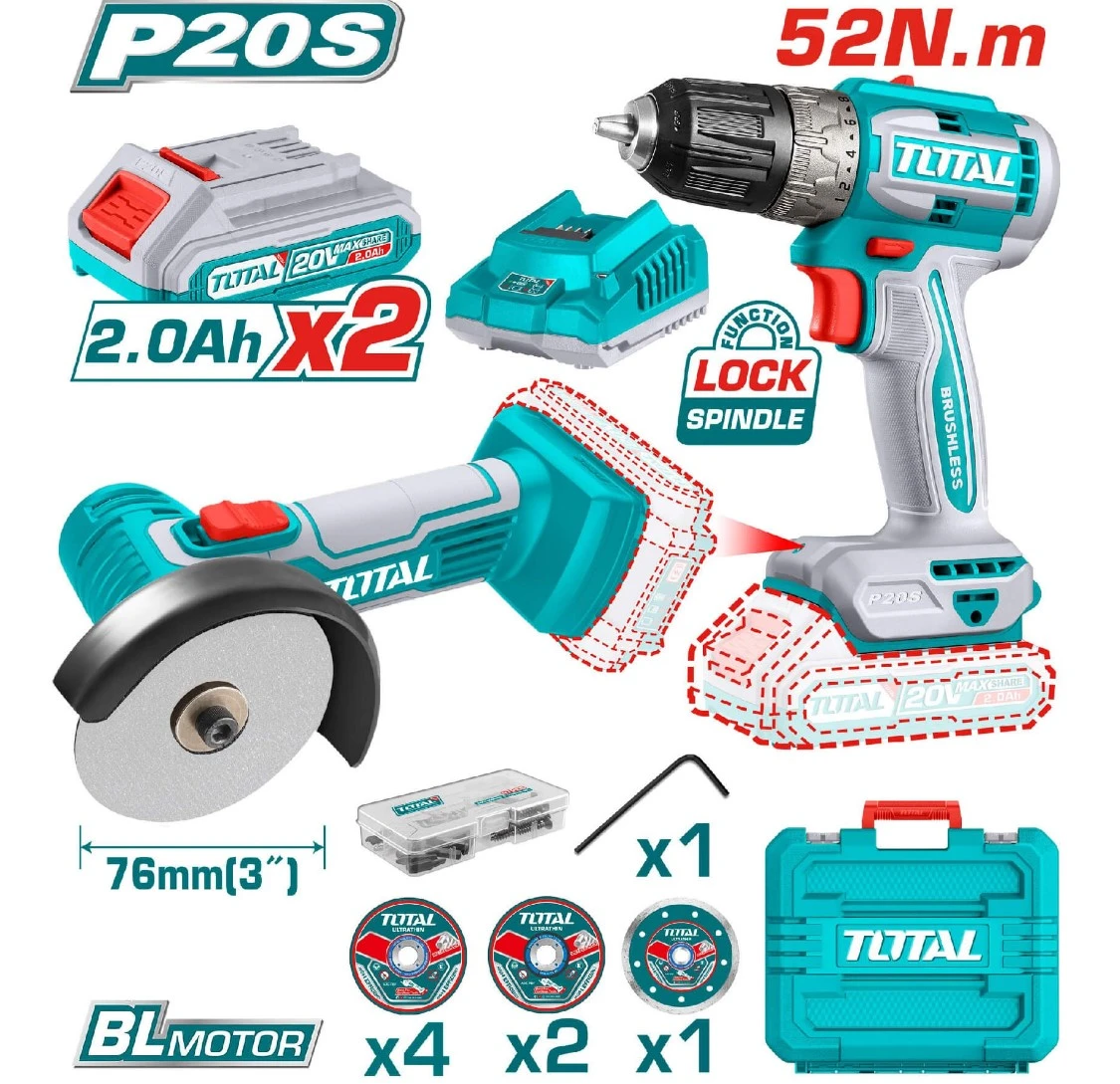 2 PCS LI-ION CORDLESS (DRILL+MINI ANGLE GRINDER) COMBO KIT WITH 2.0Ah BATTERIES 2 Pcs (20V)